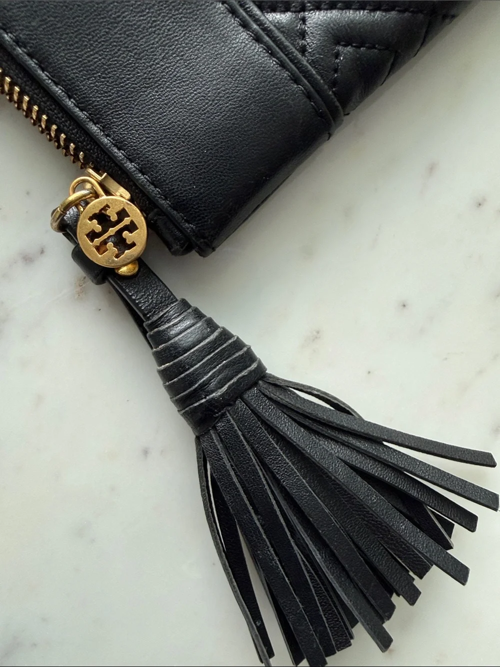 Tory Burch Black Quilted Leather Tassel Zip Clutch